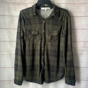 Eden & Olivia Maternity Plaid Button Up Shirt Olive Green Navy Pockets Medium